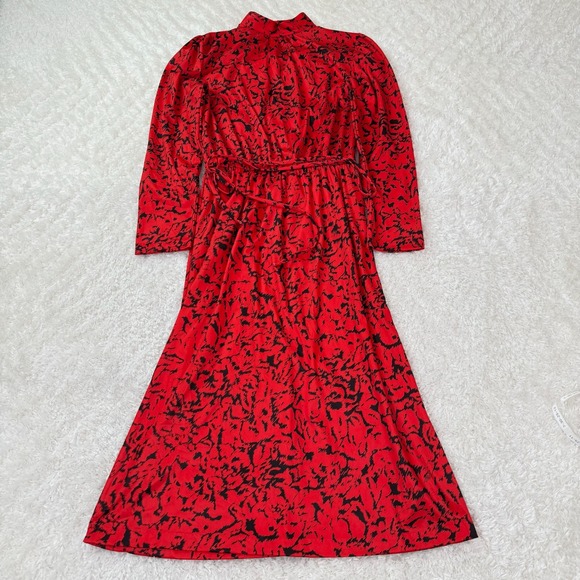 Blair Dresses & Skirts - Blair Red Midi Dress Women's Vintage Retro Mock Neck LS Belted Abstract Print